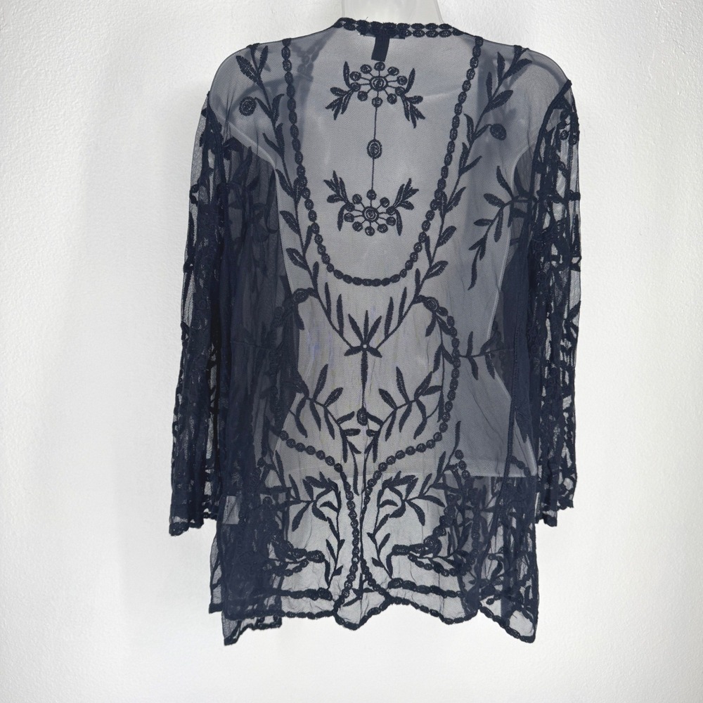 Nina Leonard Navy Sheer Lace Mesh Floral Embroidered Cardigan Kimono Medium Boho